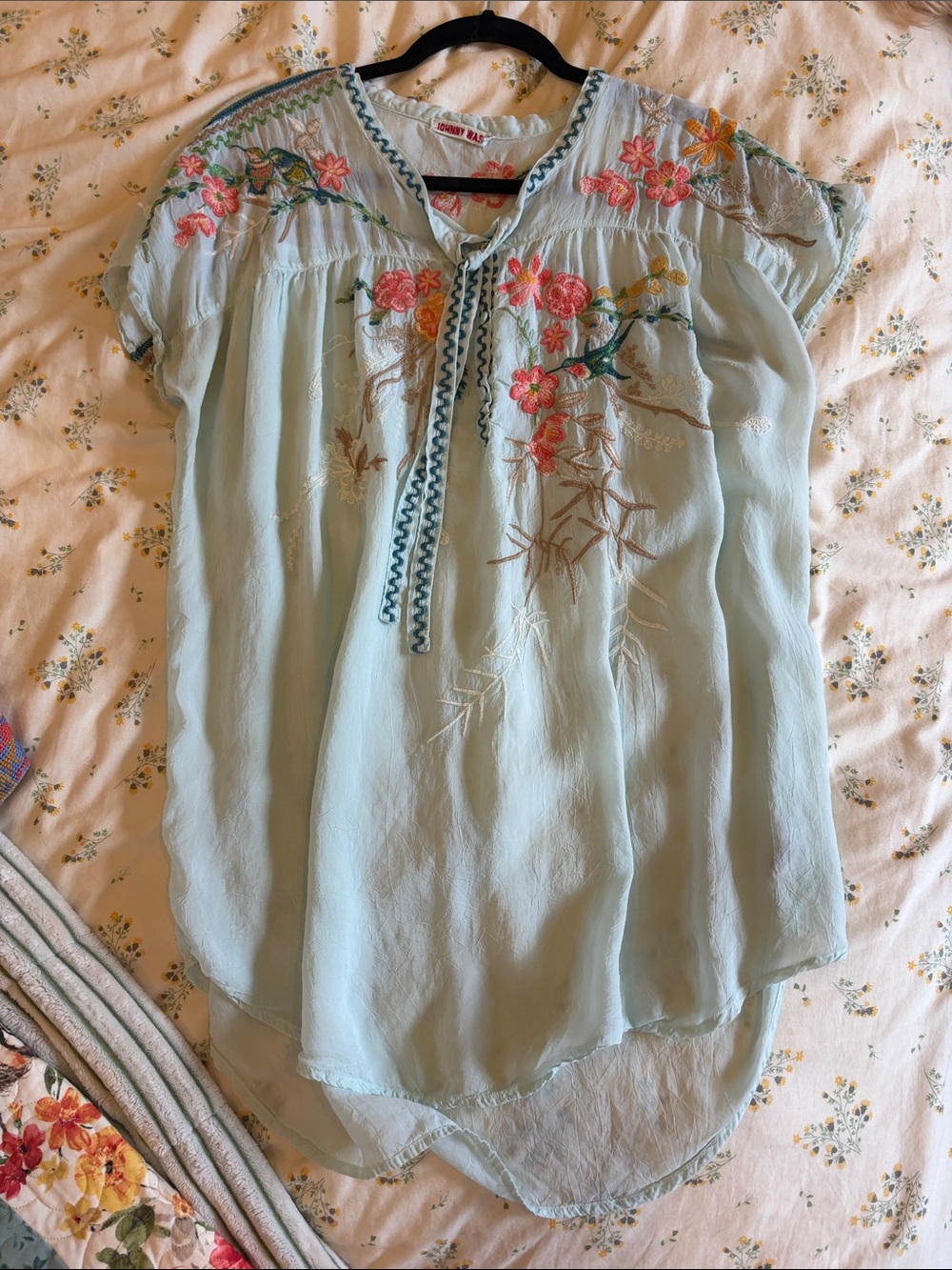 Johnny Was Pale Blue Embroidered Floral Peasant Tunic
